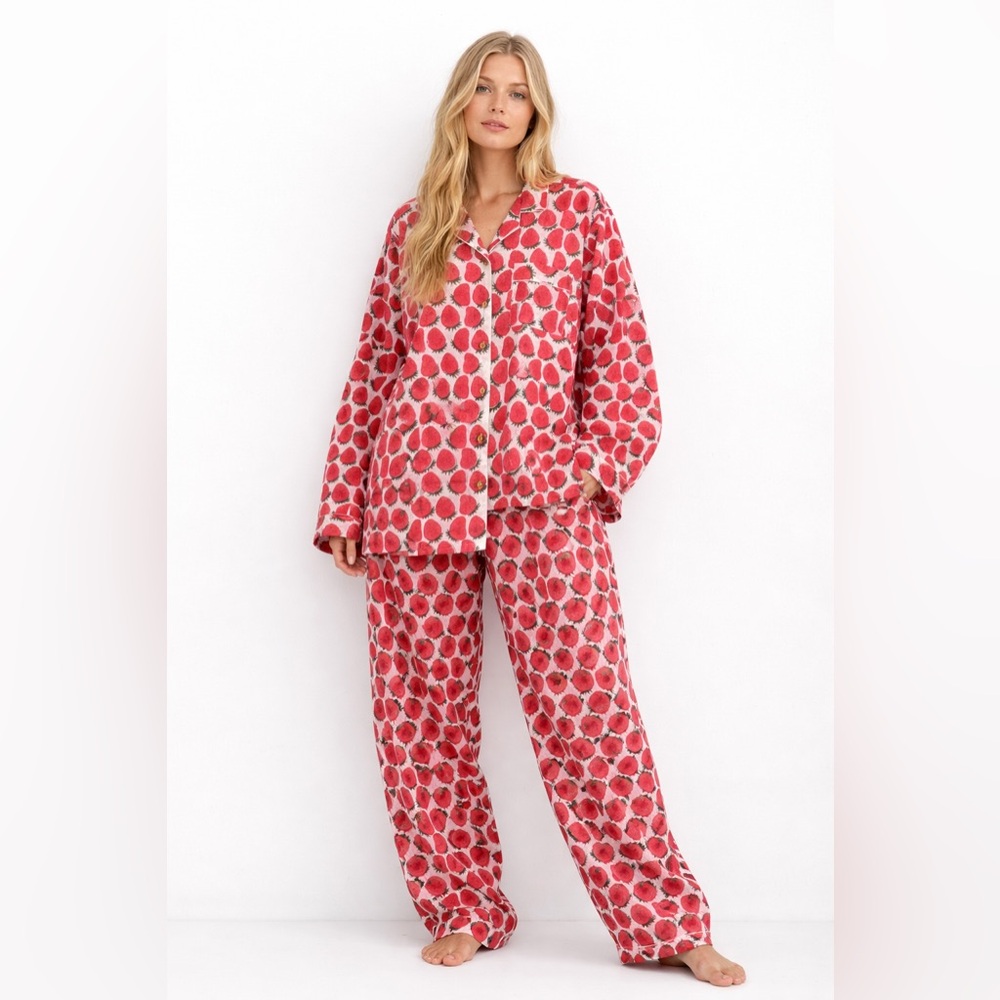 Handmade Organic Cotton Strawberry Print Pajamas Oversized L